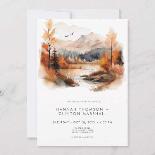 Rustic Fall Mountain Scene Watercolor Wedding 招待状 (正面)
