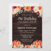 Rustic Fall Orange Pumpkin Floral 21st Birthday 招待状 (正面)