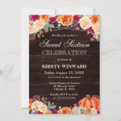 Rustic Fall Orange Pumpkin Floral Sweet Sixteen 招待状 (正面)