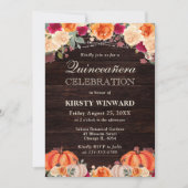 Rustic Fall Orange Pumpkins Floral Quinceanera 招待状 (正面)