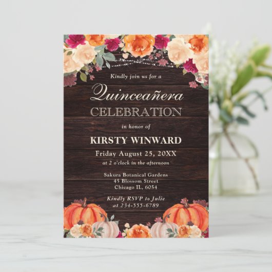 Rustic Fall Orange Pumpkins Floral Quinceanera 招待状 (スタンド正面)