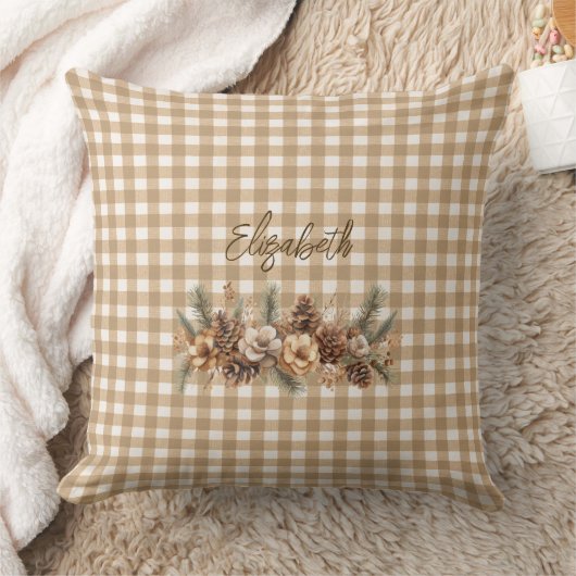 Rustic Fall Pine Cones Brown Gingham Personalized  クッション (ブランケット)