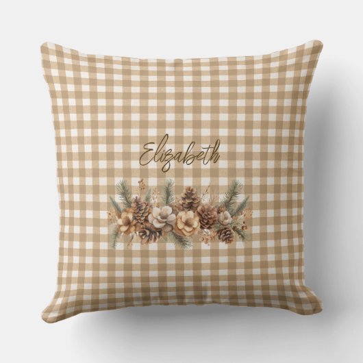Rustic Fall Pine Cones Brown Gingham Personalized  クッション (裏面)