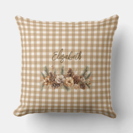 Rustic Fall Pine Cones Brown Gingham Personalized  クッション