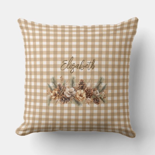 Rustic Fall Pine Cones Brown Gingham Personalized  クッション (正面)