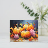 Rustic Fall Pumpkin Colorful Autumn Leaves シーズンポストカード (スタンド正面)