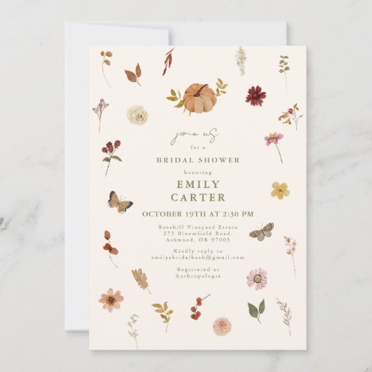 Rustic Fall Pumpkin Floral Bridal Shower 招待状 (正面)
