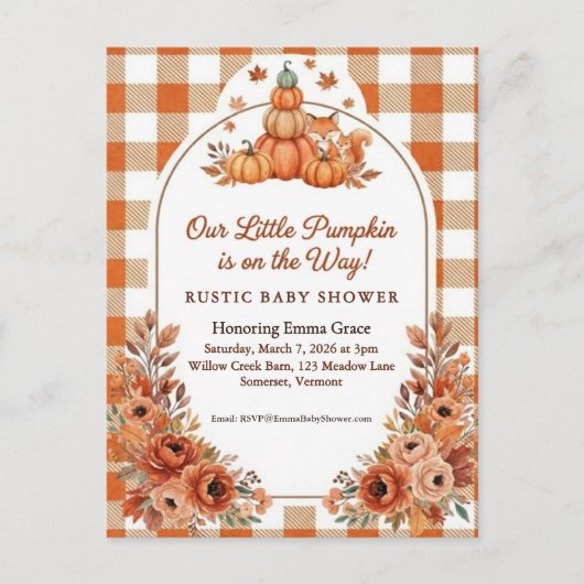 Rustic Fall Pumpkin Fox Baby Shower Invitation ポストカード (正面)