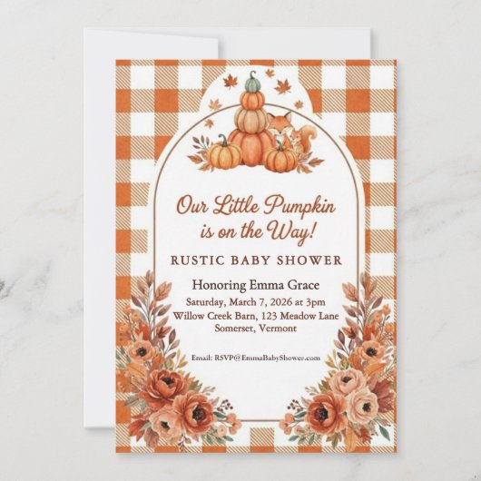 Rustic Fall Pumpkin Fox Baby Shower Invitation 招待状 (正面)