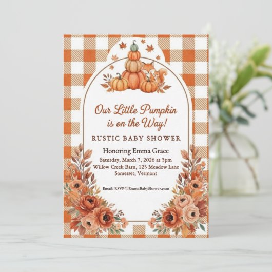 Rustic Fall Pumpkin Fox Baby Shower Invitation 招待状 (スタンド正面)