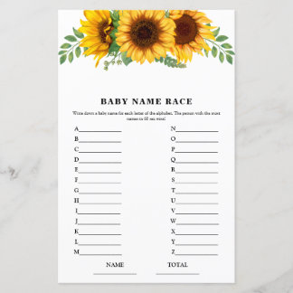 Rustic Fall Sunflower Name Race Baby Shower Game