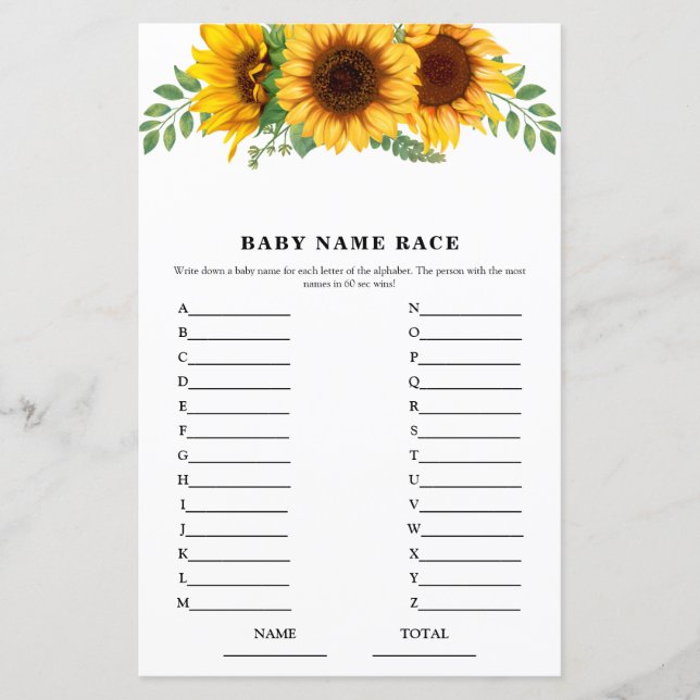 Rustic Fall Sunflower Name Race Baby Shower Game (正面)