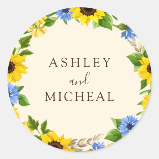 Rustic Fall Sunflower Wreath Wedding Sticker ラウンドシール (正面)