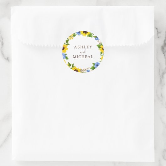 Rustic Fall Sunflower Wreath Wedding Sticker ラウンドシール (バッグ)