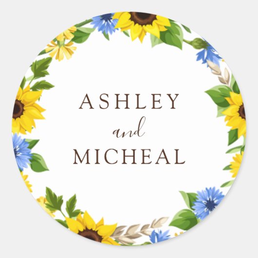 Rustic Fall Sunflower Wreath Wedding Sticker ラウンドシール (正面)