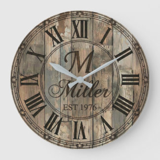 Rustic Family Monogram Wall Clock | Wood-Look  ラージ壁時計