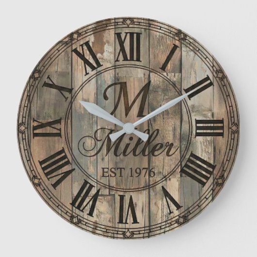 Rustic Family Monogram Wall Clock | Wood-Look  ラージ壁時計 (正面)