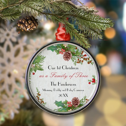 Rustic Family of 3 New Baby 1st Xmas Milestone メタルオーナメント