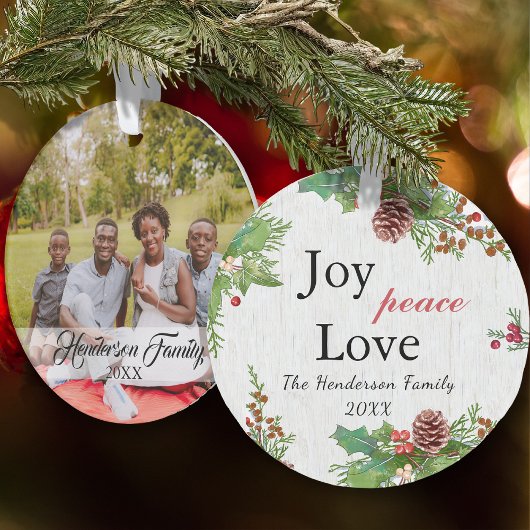 Rustic Family Photo 2-sided Joy Peace Love Xmas オーナメント