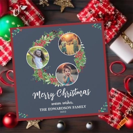Rustic family photo collage Merry Holiday card シーズンカード