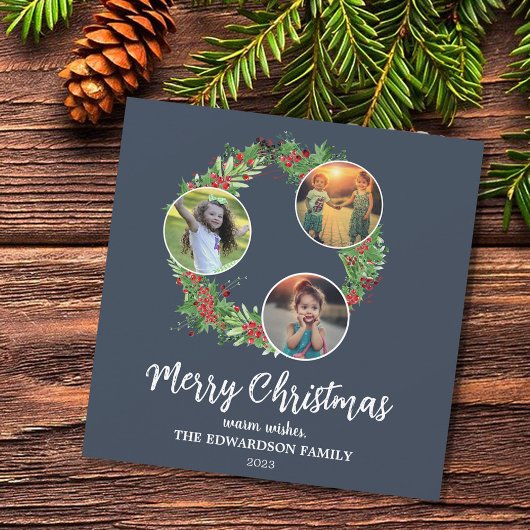 Rustic family photo collage Merry Holiday card シーズンカード
