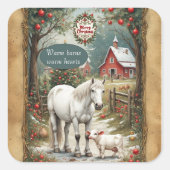 Rustic Farm Horse Lamb Red Barn Merry Christmas  スクエアシール (正面)