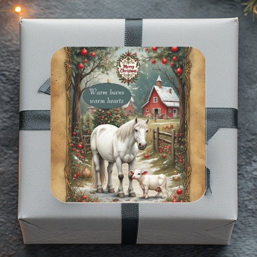 Rustic Farm Horse Lamb Red Barn Merry Christmas  スクエアシール