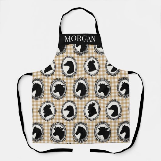 Rustic Farm Kitchen Barnyard Gingham Black & Khaki エプロン (正面)