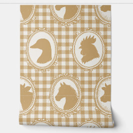 Rustic Farm Kitchen Barnyard Gingham - Khaki Toile 壁紙