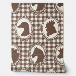 Rustic Farm Kitchen Barnyard Gingham - Mocha Toile 壁紙