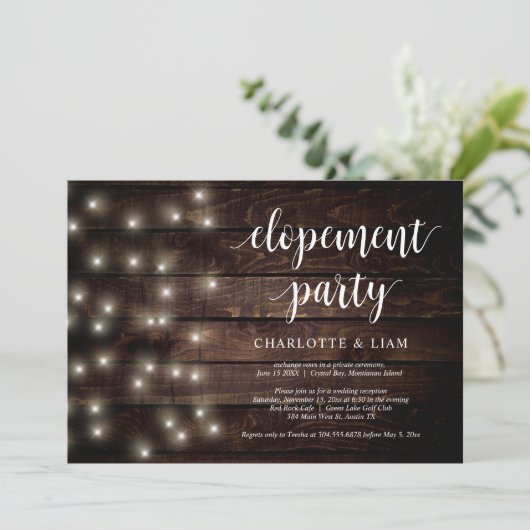 Rustic Farm String Light, Hochzeitselopement-Party 招待状 (スタンド正面)