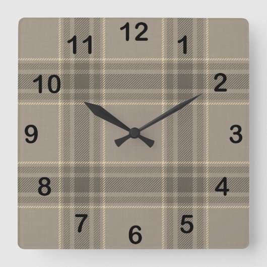 Rustic Farmhouse Beige Grey Plaid Tartan スクエア壁時計 (正面)