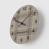 Rustic Farmhouse Beige Grey Plaid Tartan ラウンド壁時計 (傾斜)