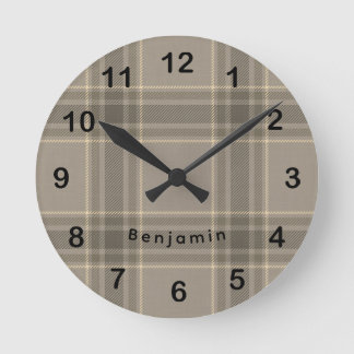 Rustic Farmhouse Beige Grey Plaid Tartan ラウンド壁時計