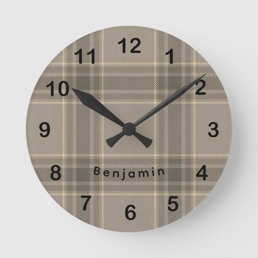 Rustic Farmhouse Beige Grey Plaid Tartan ラウンド壁時計 (正面)