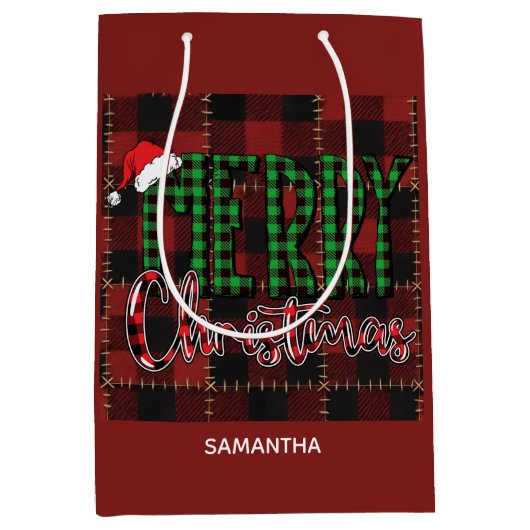 Rustic Farmhouse Buffalo Plaid Christmas Custom ミディアムペーパーバッグ (正面)