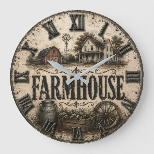 Rustic Farmhouse Country Barn Vintage Farmhouse ラージ壁時計 (正面)