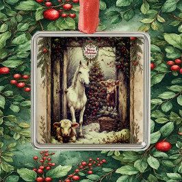 Rustic Farmhouse Cow Horse Country Christmas Rural メタルオーナメント