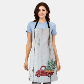 Rustic Farmhouse Distressed Wood Red Truck エプロン (着用した状態)