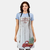 Rustic Farmhouse Distressed Wood Red Truck  エプロン (着用した状態)