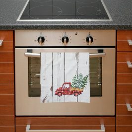 Rustic Farmhouse Distressed Wood Red Truck キッチンタオル