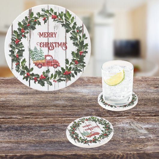 Rustic Farmhouse Distressed Wood Red Truck コースター