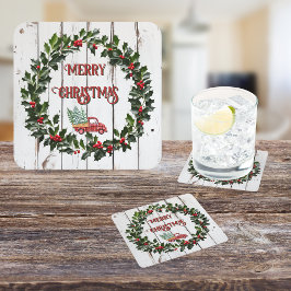 Rustic Farmhouse Distressed Wood Red Truck スクエアペーパーコースター