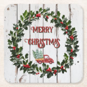 Rustic Farmhouse Distressed Wood Red Truck スクエアペーパーコースター (正面)