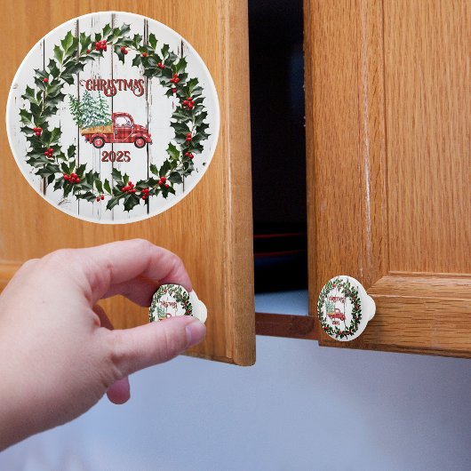 Rustic Farmhouse Distressed Wood Red Truck セラミックノブ