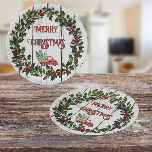 Rustic Farmhouse Distressed Wood Red Truck ペーパープレート