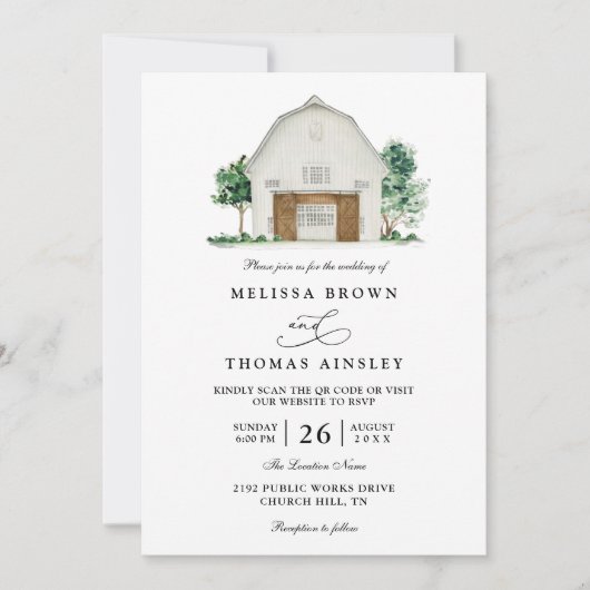 Rustic Farmhouse Elegant Barn QR Code Wedding 招待状 (正面)