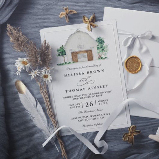 Rustic Farmhouse Elegant Barn QR Code Wedding 招待状
