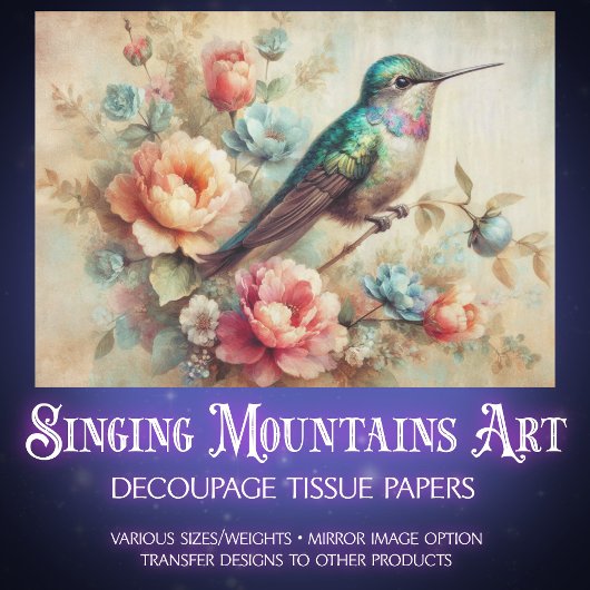 Rustic Farmhouse Floral Hummingbird Decoupage 薄葉紙