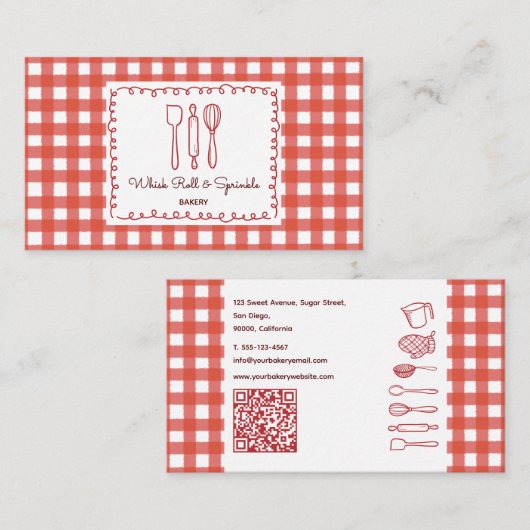 Rustic Farmhouse Gingham QR Code Bakery 名刺 (正面/裏面)